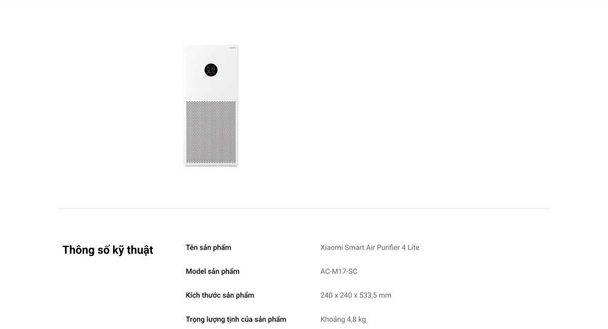 Xiaomi Smart Air Purifier 4 Lite máy lọc không khí diện tích 40 m²