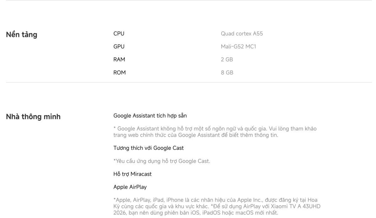 Tivi Xiaomi A 43 Inch - 2026 Bản Quốc Tế - FHD/60Hz - 1GB/8GB
