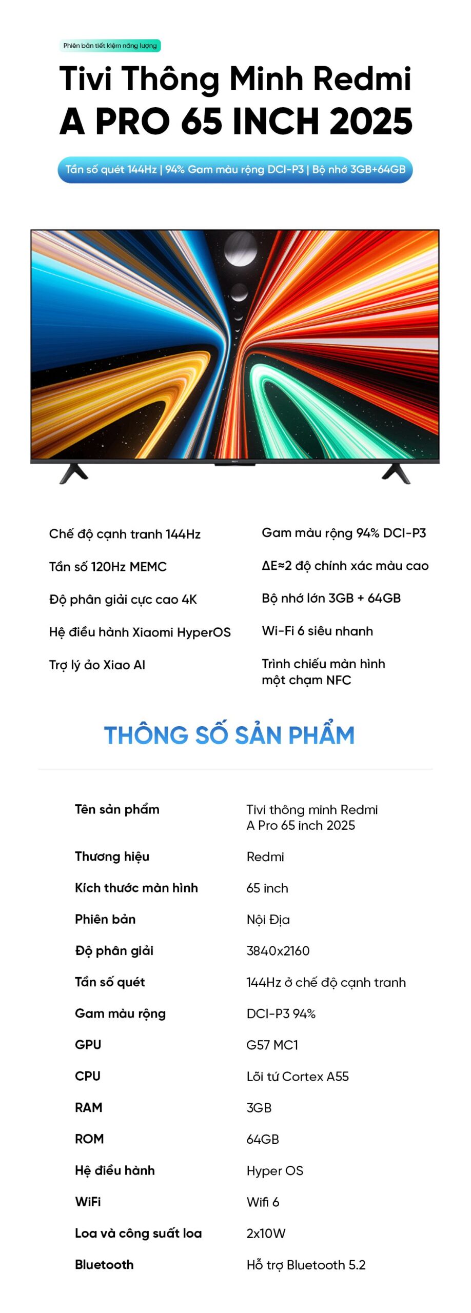 Tivi Xiaomi Redmi A Pro 65 Inch 2025 - 4K/120Hz - 3GB/64GB